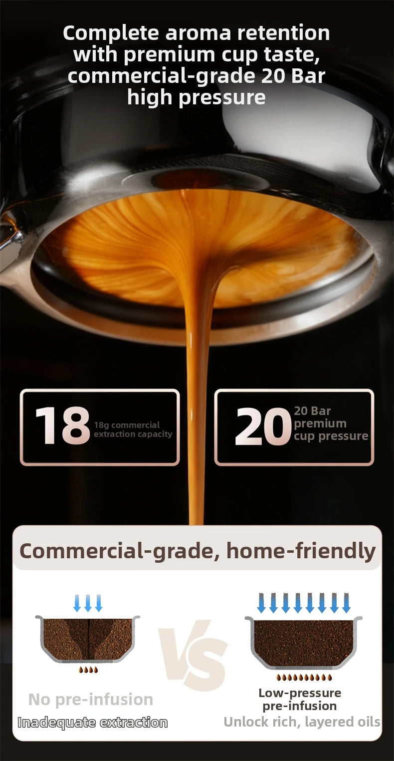Home Espresso Machine with Grinder, 20Bar Pressure, Dual Temperature Control for Hot/Cold Brew, Compact Semi-Automatic Coffee Ma