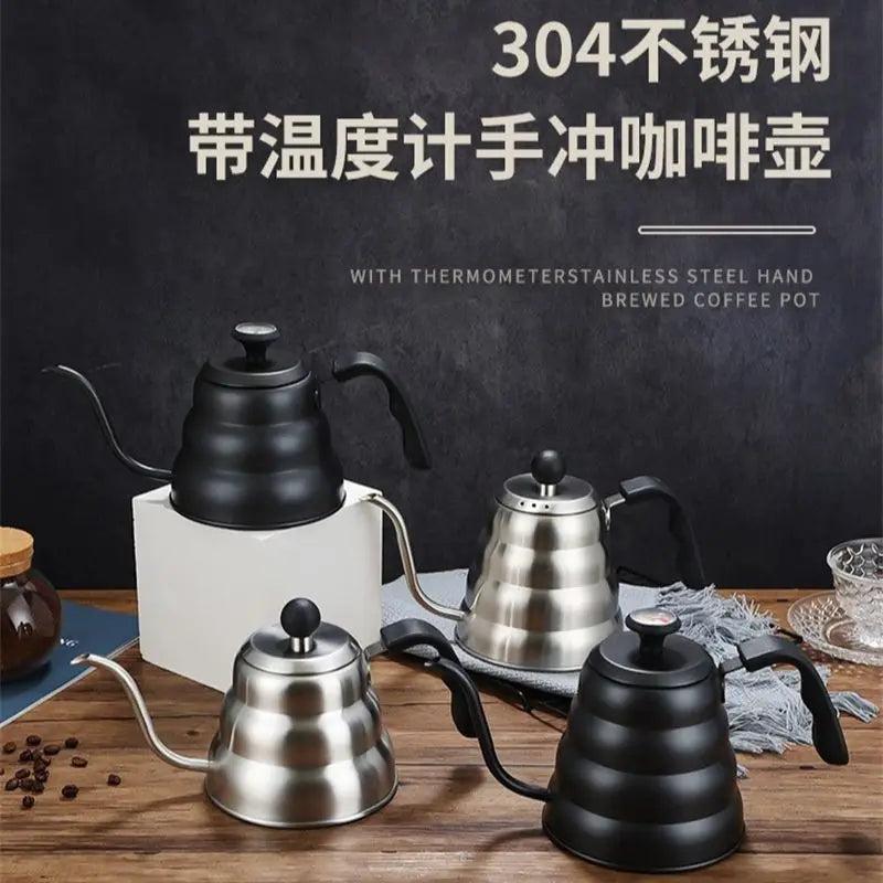Black Goose Beak Kettle 1.0L Stainless Steel Coffee Pot with Gooseneck Thin Mouth Thermometer for Espresso Coffee Making