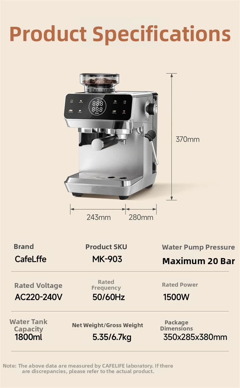 Home Espresso Machine with Grinder, 20Bar Pressure, Dual Temperature Control for Hot/Cold Brew, Compact Semi-Automatic Coffee Ma