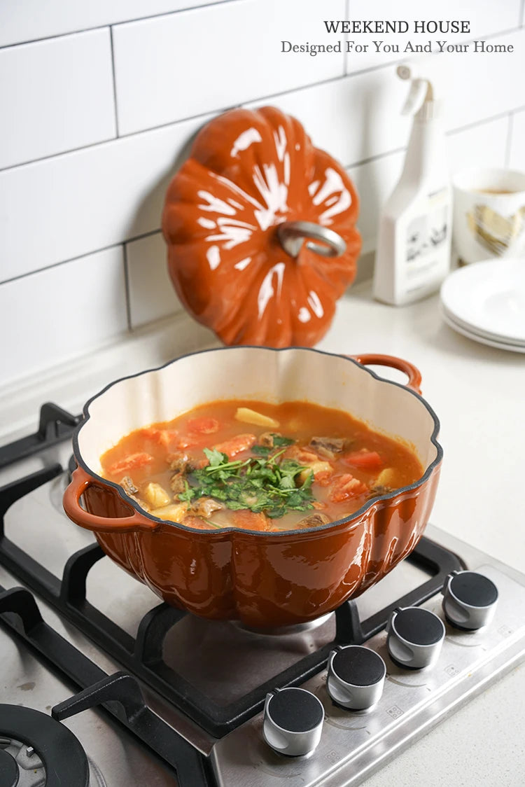 Pumpkin Enameled Cast Iron Dutch Oven 1.9L Enamel Coated Cookware NonStick Enamel Pot Casserole Dish 7.9inch for All Heat Source
