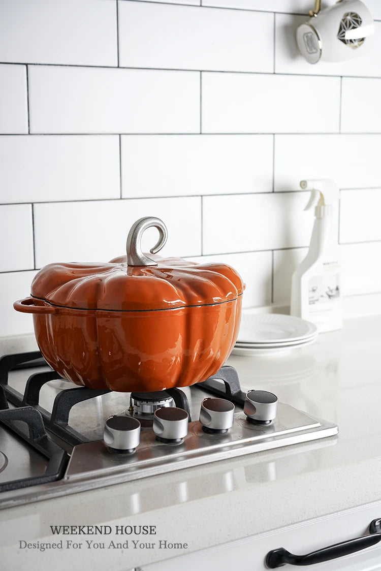 Pumpkin Enameled Cast Iron Dutch Oven 1.9L Enamel Coated Cookware NonStick Enamel Pot Casserole Dish 7.9inch for All Heat Source
