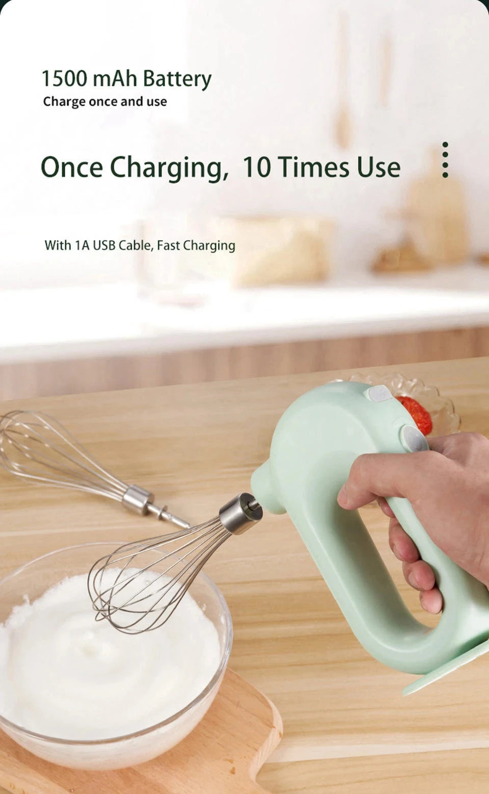 Portable Mixers with 2 Mixing Head USB Electric Blender Wireless Food Mixer Handheld Rechargeable Whisks Dough Stirrer Eggbeater