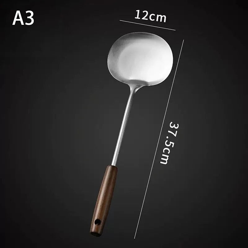 Stainless Steel Wok Spatula Chef-specific Cooking Spoon Wooden Long Handle Mushroom Shovel Kitchen Cooking Utensils