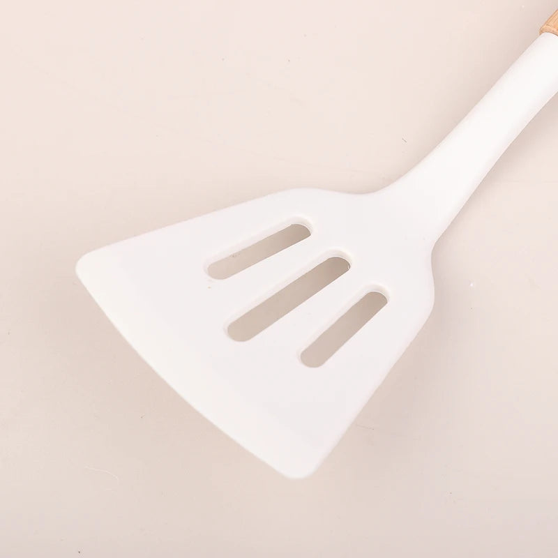 ♥Silicone Kitchen Utensil Set with Wooden Handles - Heat Resistant Spatula and Ladle for Nonstick Cookware