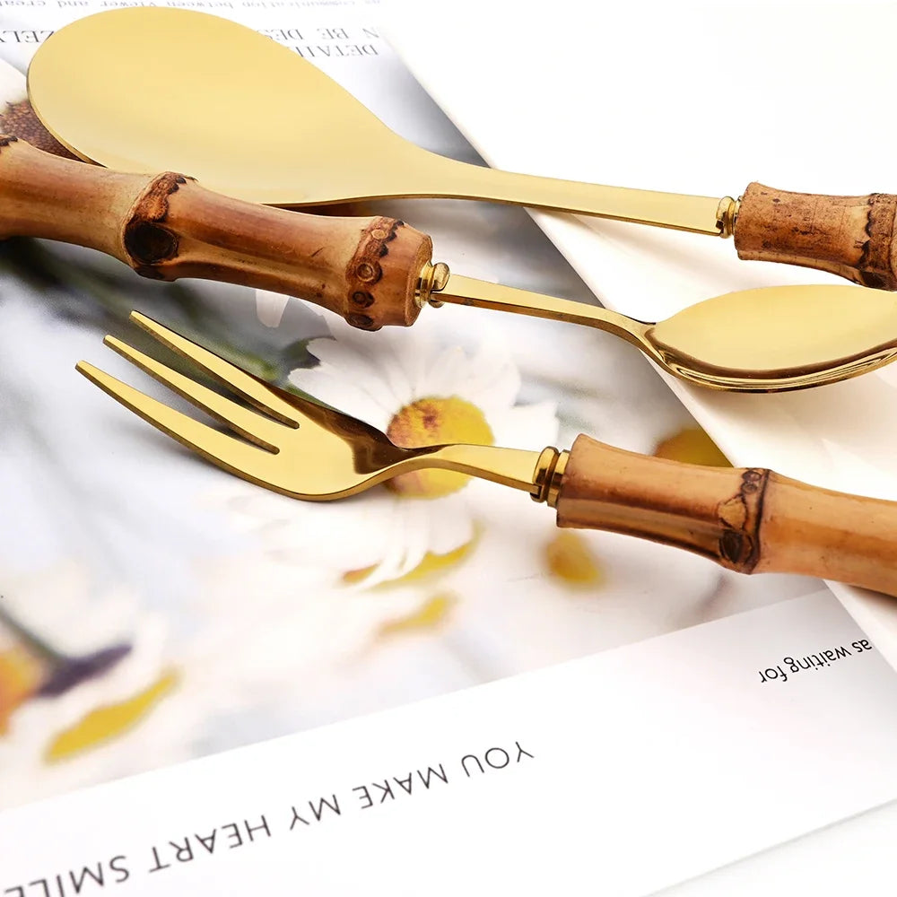 304 Stainless Steel Dinnerware Bamboo Silver 4/6/10Pcs Tea Fork Cutlery Set Western Fruit Cake Fork Tableware Home Flatware Set