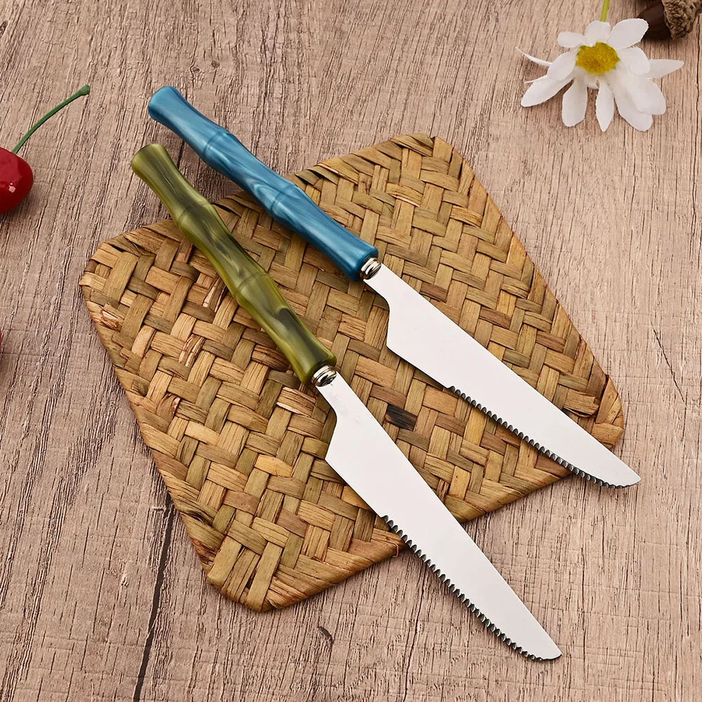 4Pcs Blue Silver Acrylic Handle Dinnerware Knife Fork Spoon Set Stainless Steels Cutlery Set Western Home Kitchen Flatware