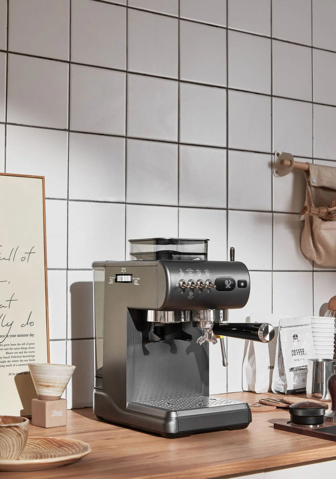 Semi-Automatic Espresso Machine with Built-in Grinder, Hot & Cold Dual Brew System with Steam Milk Frother, Compact Home Barista
