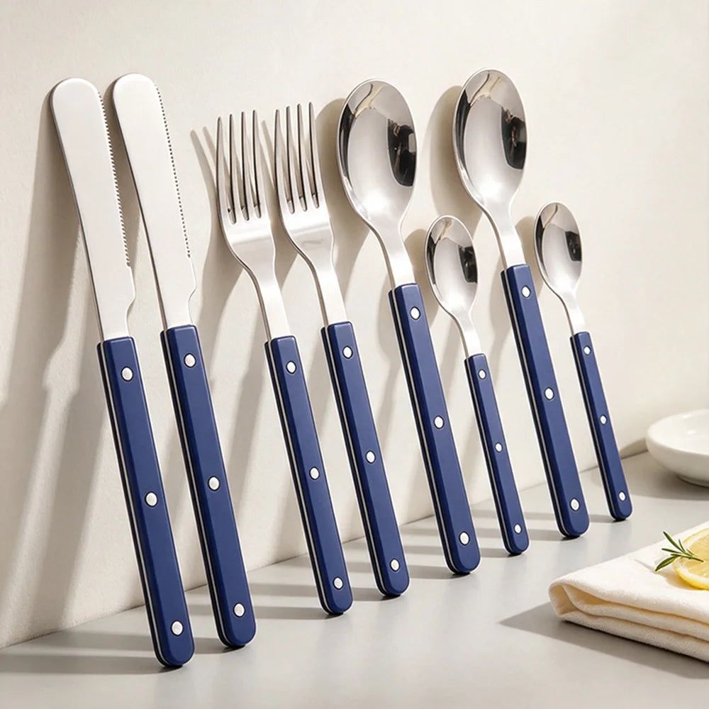8Pcs Stainless Steel Tableware Acrylic Handle Green Silver Dinnerware Set Knife Fork Spoon Teaspoon Cutlery Kitchen Flatware Set