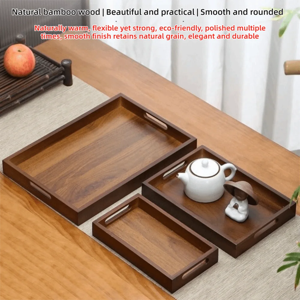 Decorate Tray Rectangular Bamboo Wooden Tray Walnut Color With Handle Serving Tray Display Plate Kitchen