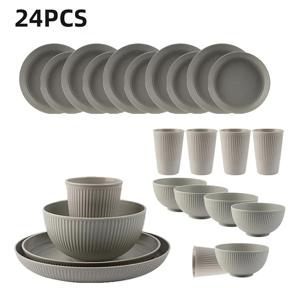 24Pcs Wheat Straw Dinnerware Set for 4: Plates, Bowls, Cups. Unbreakable Plastic for Kitchen & Outdoor Camping