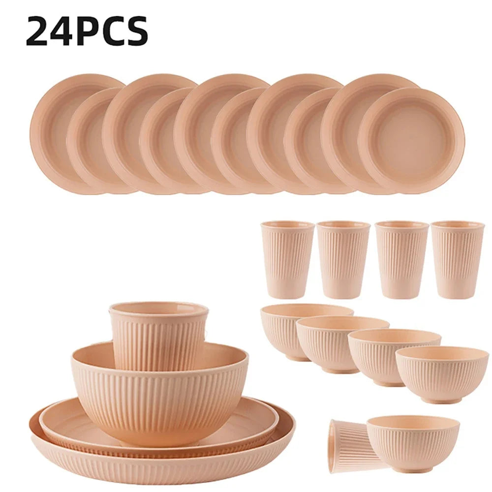 24Pcs Wheat Straw Dinnerware Set for 4: Plates, Bowls, Cups. Unbreakable Plastic for Kitchen & Outdoor Camping