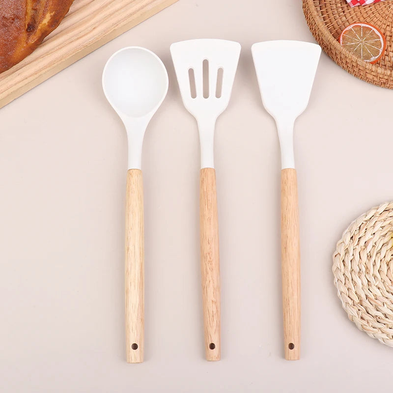 ♥Silicone Kitchen Utensil Set with Wooden Handles - Heat Resistant Spatula and Ladle for Nonstick Cookware