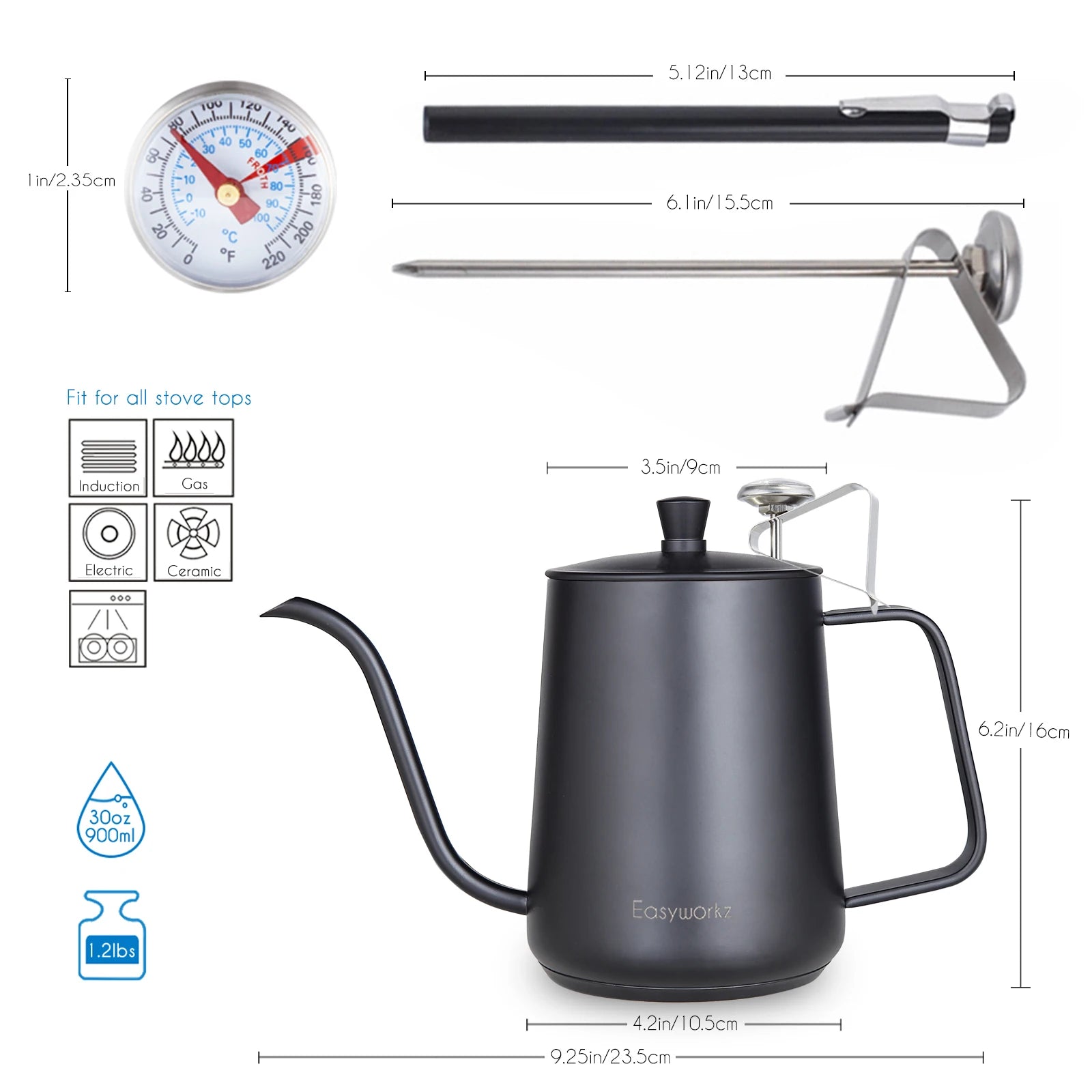 Easyworkz Gooseneck Pour Over Coffee Kettle 30 FL OZ / 900 ML Stainless Steel Hand Drip Coffee Pot with Long Narrow Spout