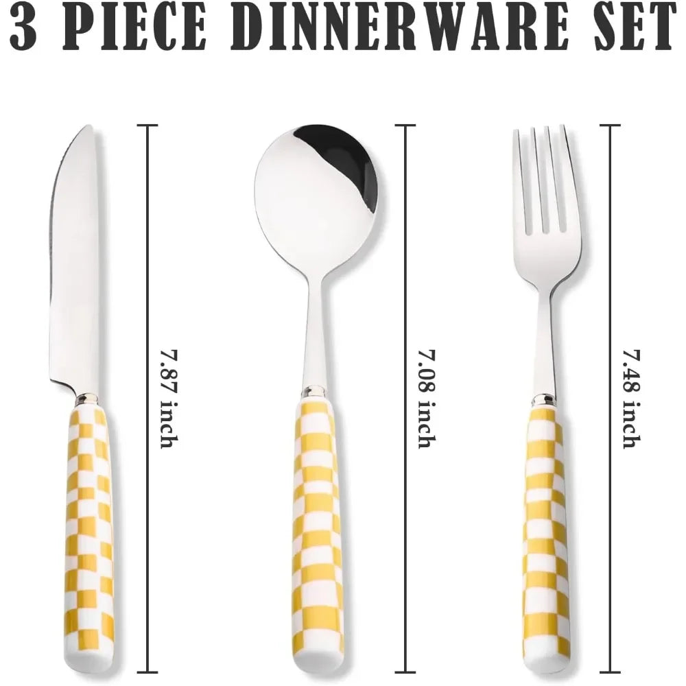 3-Piece Cutlery Set, Stainless Steel Flatware Sets with Checkerboard Pattern Ceramic Handle Utensils Including Knife Fork Spoon