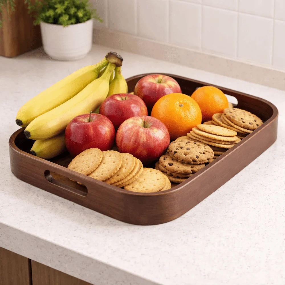 Simple Rectangular Walnut Tea Tray Hollowed-out Handle Polished Breakfast Serving Tray Vintage Tea Serving Plate Coffee Shop