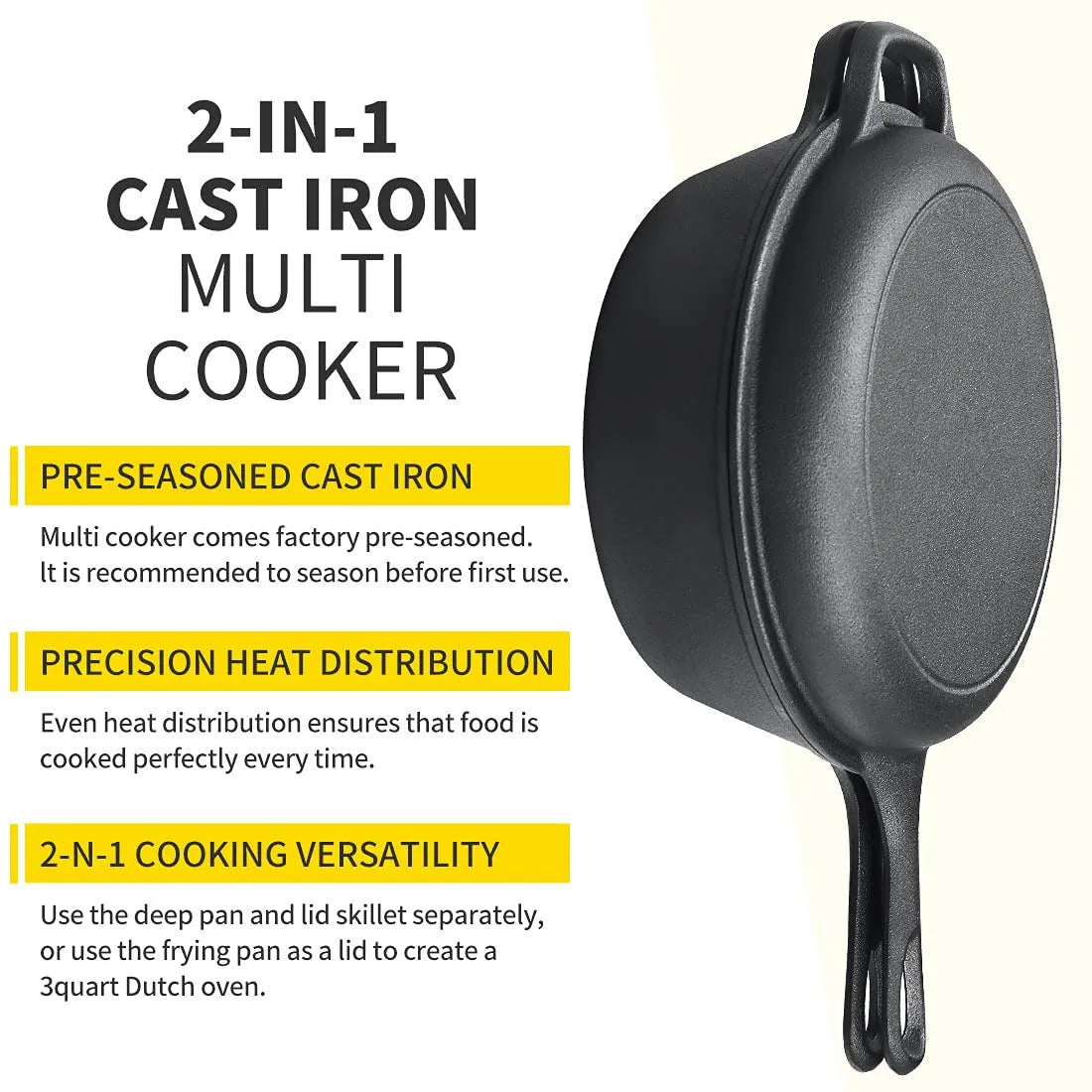 2-in-1 Pre-Seasoned Cast Iron Dutch Oven Pot 10" Deep Pot And Frying Pan For Cooking Baking Bread 3QT Skillet Cookware Set