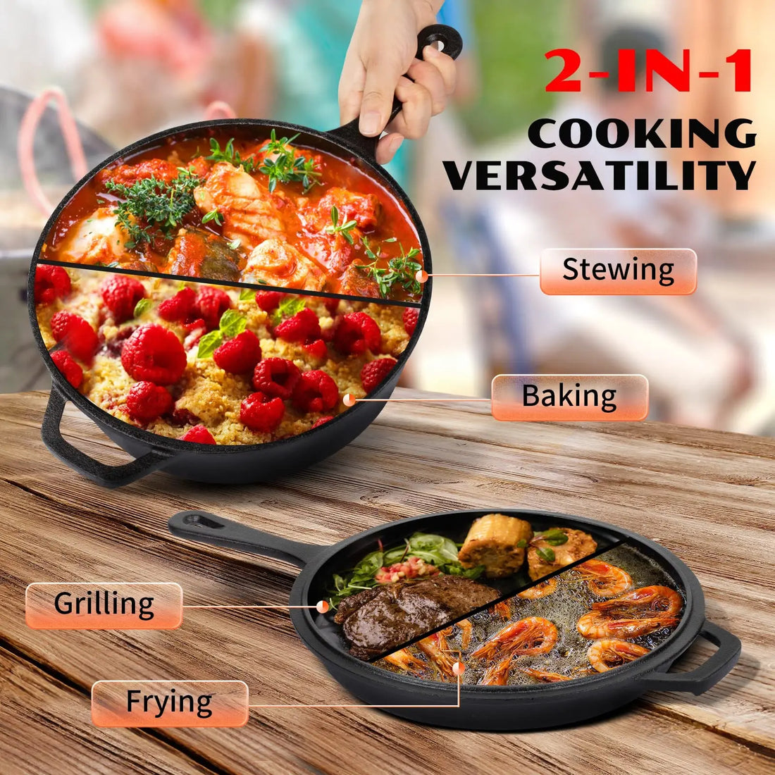 2-in-1 Pre-Seasoned Cast Iron Dutch Oven Pot 10" Deep Pot And Frying Pan For Cooking Baking Bread 3QT Skillet Cookware Set