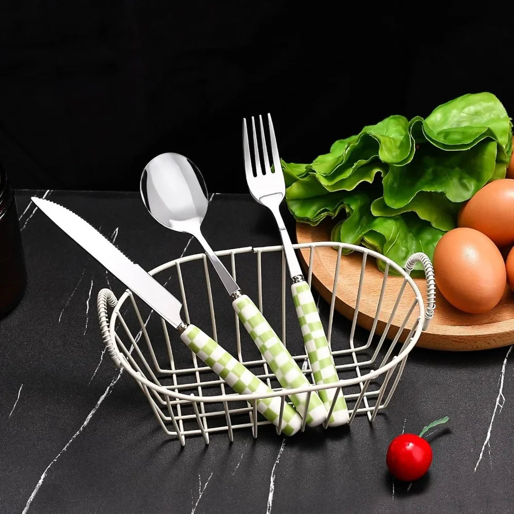3-Piece Cutlery Set, Stainless Steel Flatware Sets with Checkerboard Pattern Ceramic Handle Utensils Including Knife Fork Spoon