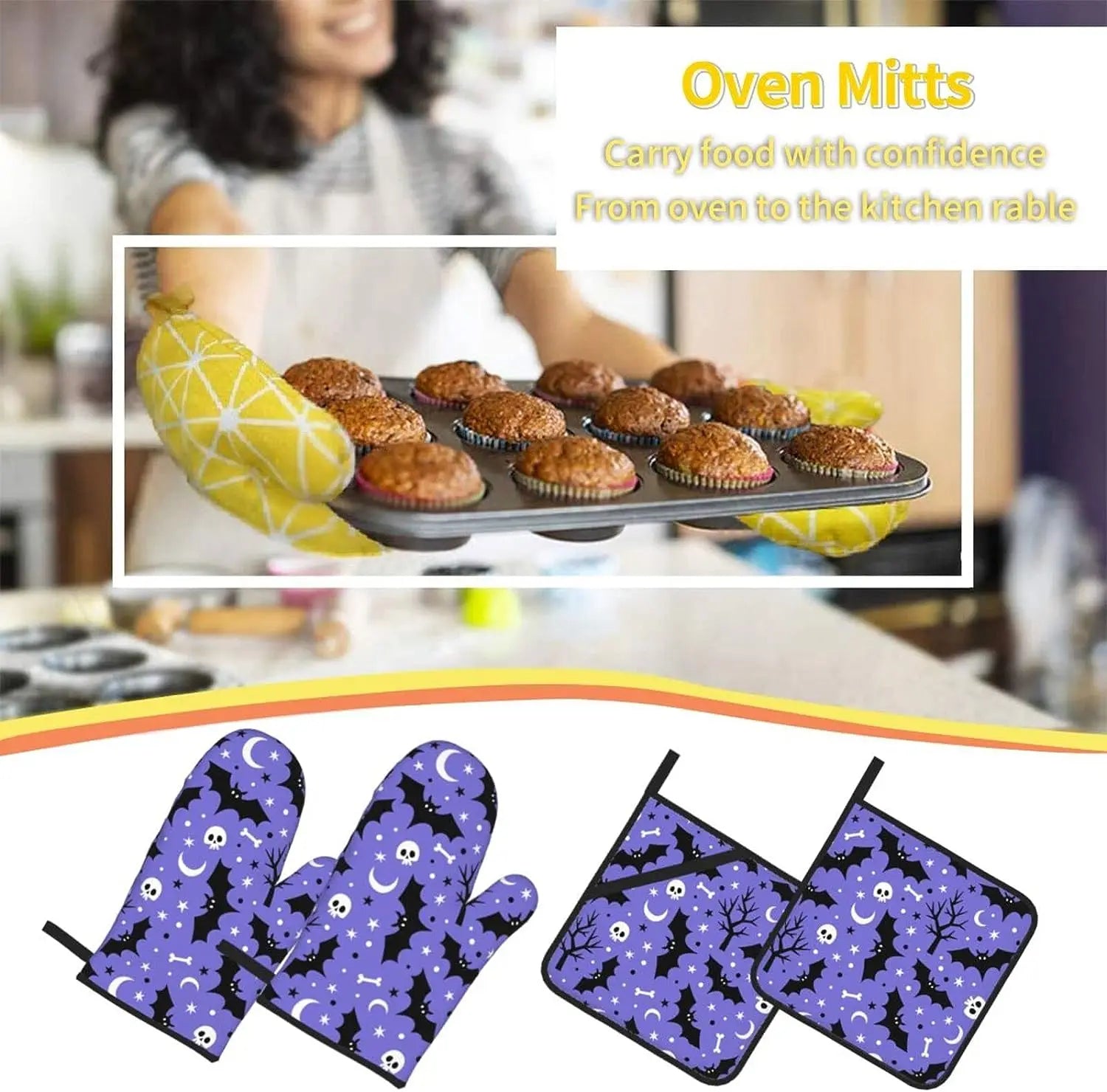 Oven Mitts and Pot Holders Sets 4 Piece Halloween Bat Skull Moon Star Oven Gloves Heat Resistant Non-Slip for Kitchen Cooking