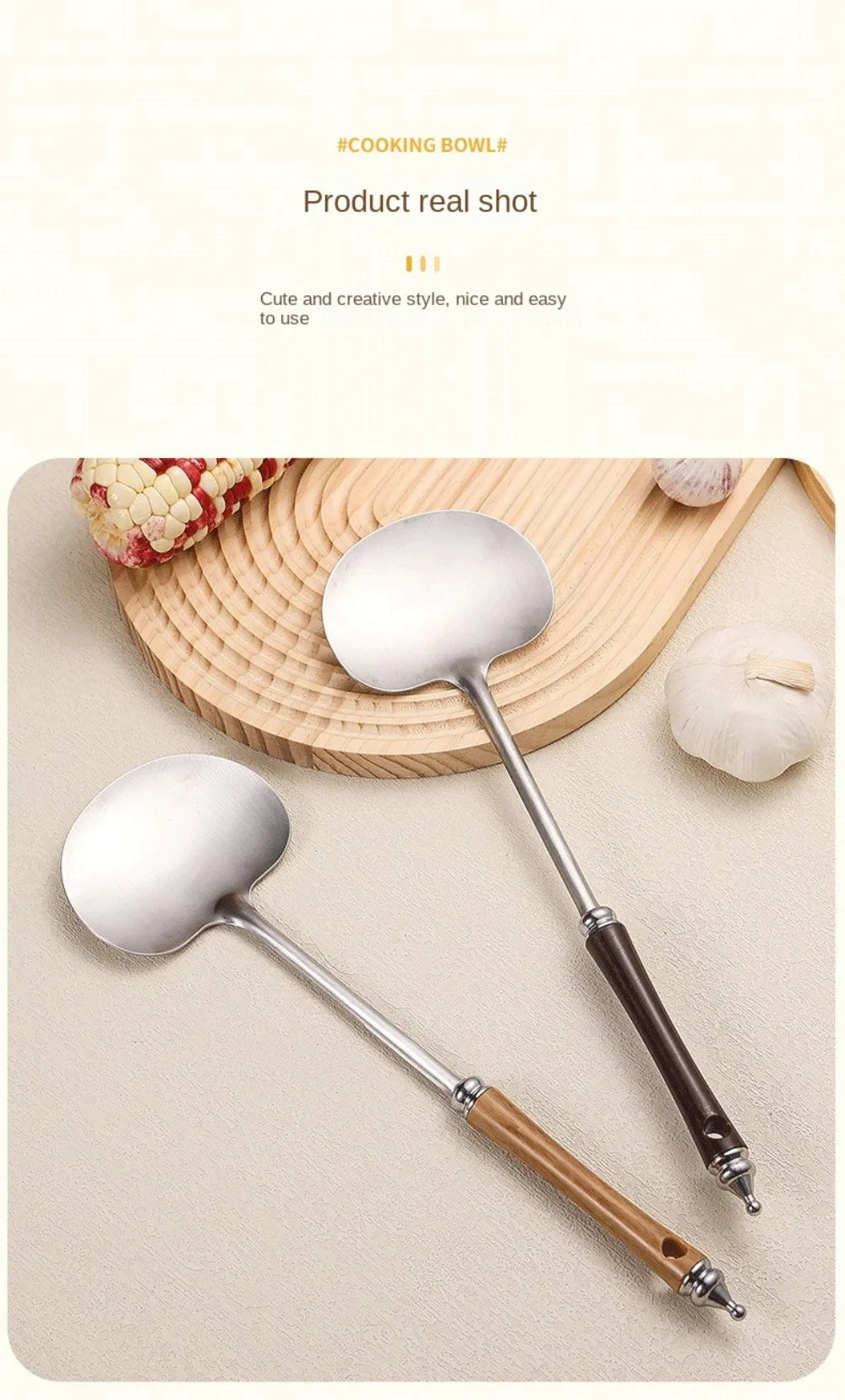 Stainless Steel Wok Spatula Long Wooden Handle Kitchen Utensils Chef-specific Mushroom Shovel Kitchen Accessories Essentials