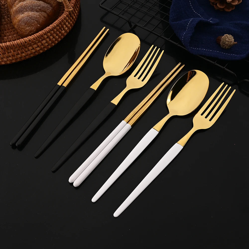 Golden Korean Tableware Set 12Pcs Luxury Mirror Flatware Cutlery Set Stainless Steel Dinnerware Fork Spoon Chopsticks Set