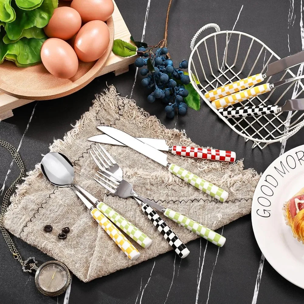 3-Piece Cutlery Set, Stainless Steel Flatware Sets with Checkerboard Pattern Ceramic Handle Utensils Including Knife Fork Spoon