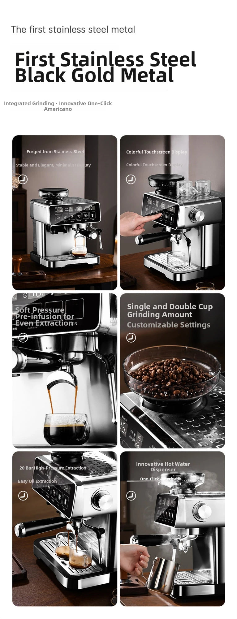 20Bar Espresso Machine with Milk Frother – Fully Automatic Coffee Maker, Built-in Grinder, Smart Touch Screen, for Home/Office