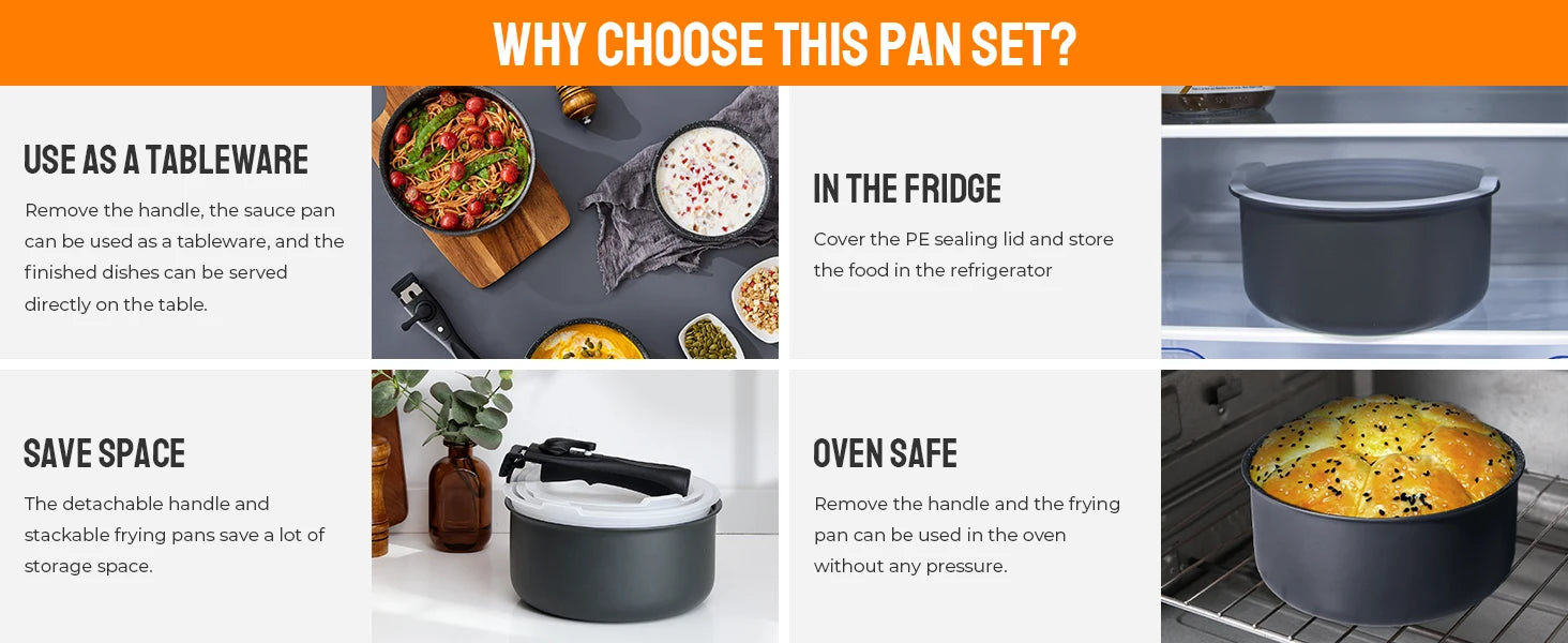 Non Stick Saucepan Set with Removable Handle and Sealing Lids, Non Stick Pot Set for Induction Hobs