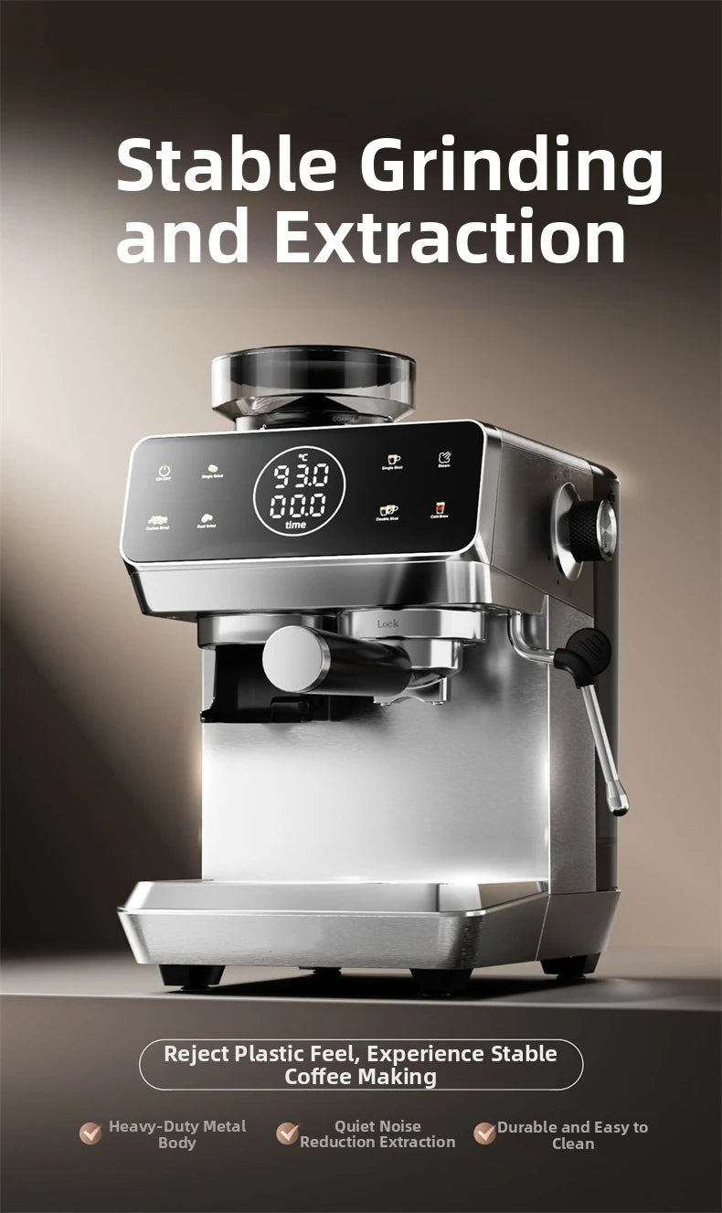 Home Espresso Machine with Grinder, 20Bar Pressure, Dual Temperature Control for Hot/Cold Brew, Compact Semi-Automatic Coffee Ma