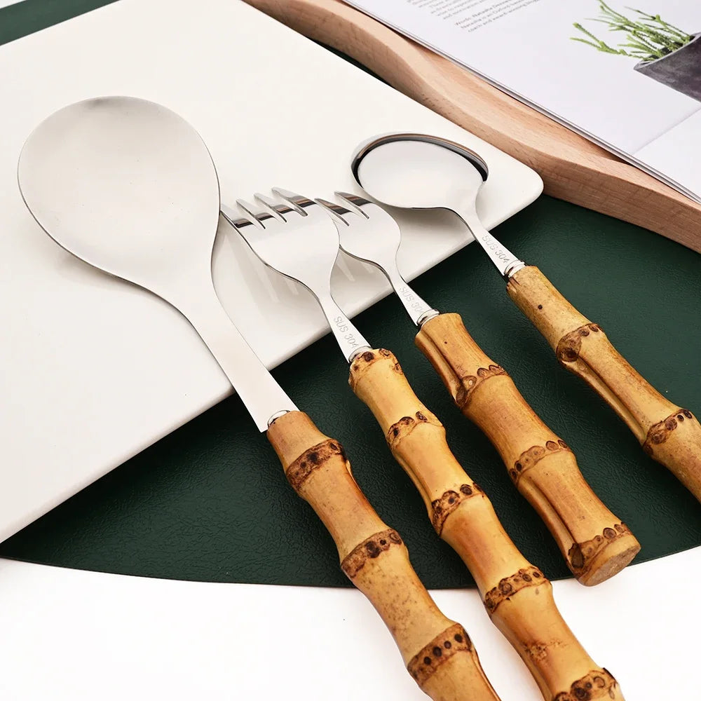 304 Stainless Steel Dinnerware Bamboo Silver 4/6/10Pcs Tea Fork Cutlery Set Western Fruit Cake Fork Tableware Home Flatware Set