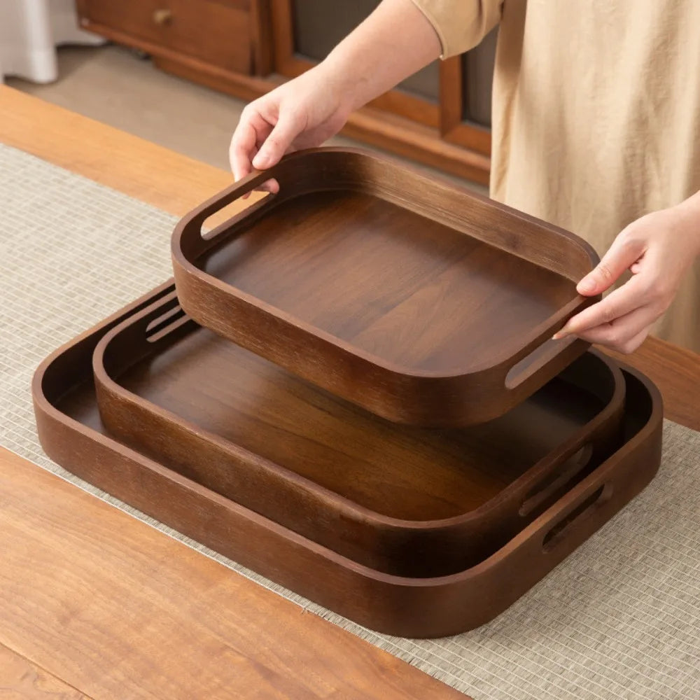 Simple Rectangular Walnut Tea Tray Hollowed-out Handle Polished Breakfast Serving Tray Vintage Tea Serving Plate Coffee Shop