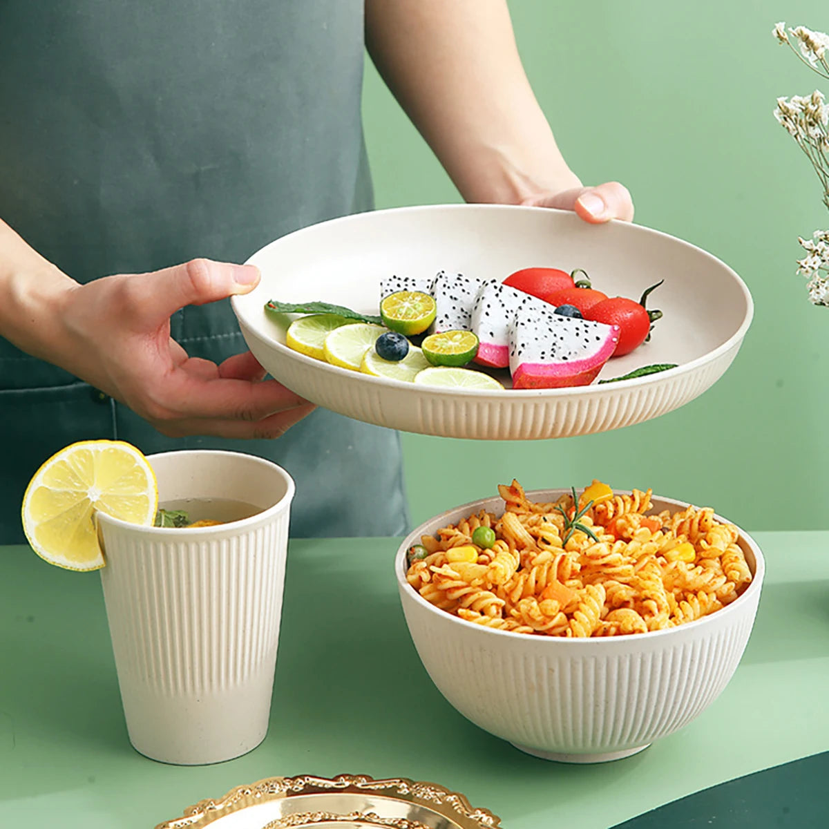 24Pcs Wheat Straw Dinnerware Set for 4: Plates, Bowls, Cups. Unbreakable Plastic for Kitchen & Outdoor Camping
