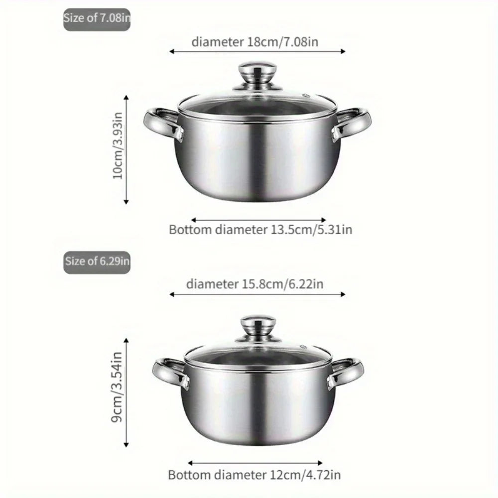 3pcs Stainless Steel Cookware Set with Lids - Induction Compatible, Thick Walls for Even Heating, Dual Handles & Covers ，