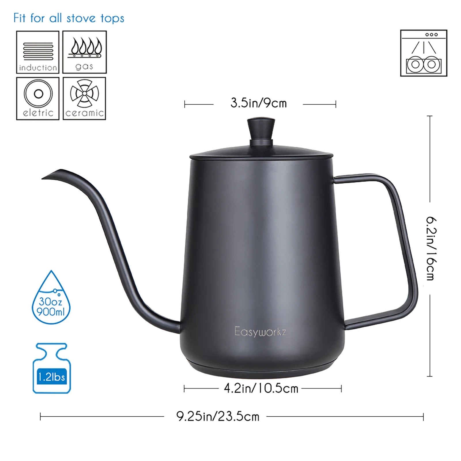 Easyworkz Gooseneck Pour Over Coffee Kettle 30 FL OZ / 900 ML Stainless Steel Hand Drip Coffee Pot with Long Narrow Spout