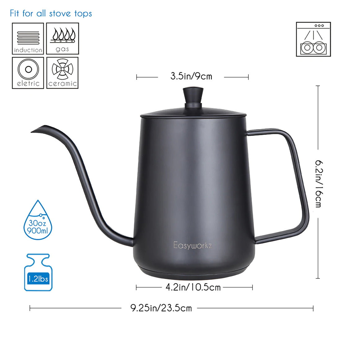 Easyworkz Gooseneck Pour Over Coffee Kettle 30 FL OZ / 900 ML Stainless Steel Hand Drip Coffee Pot with Long Narrow Spout