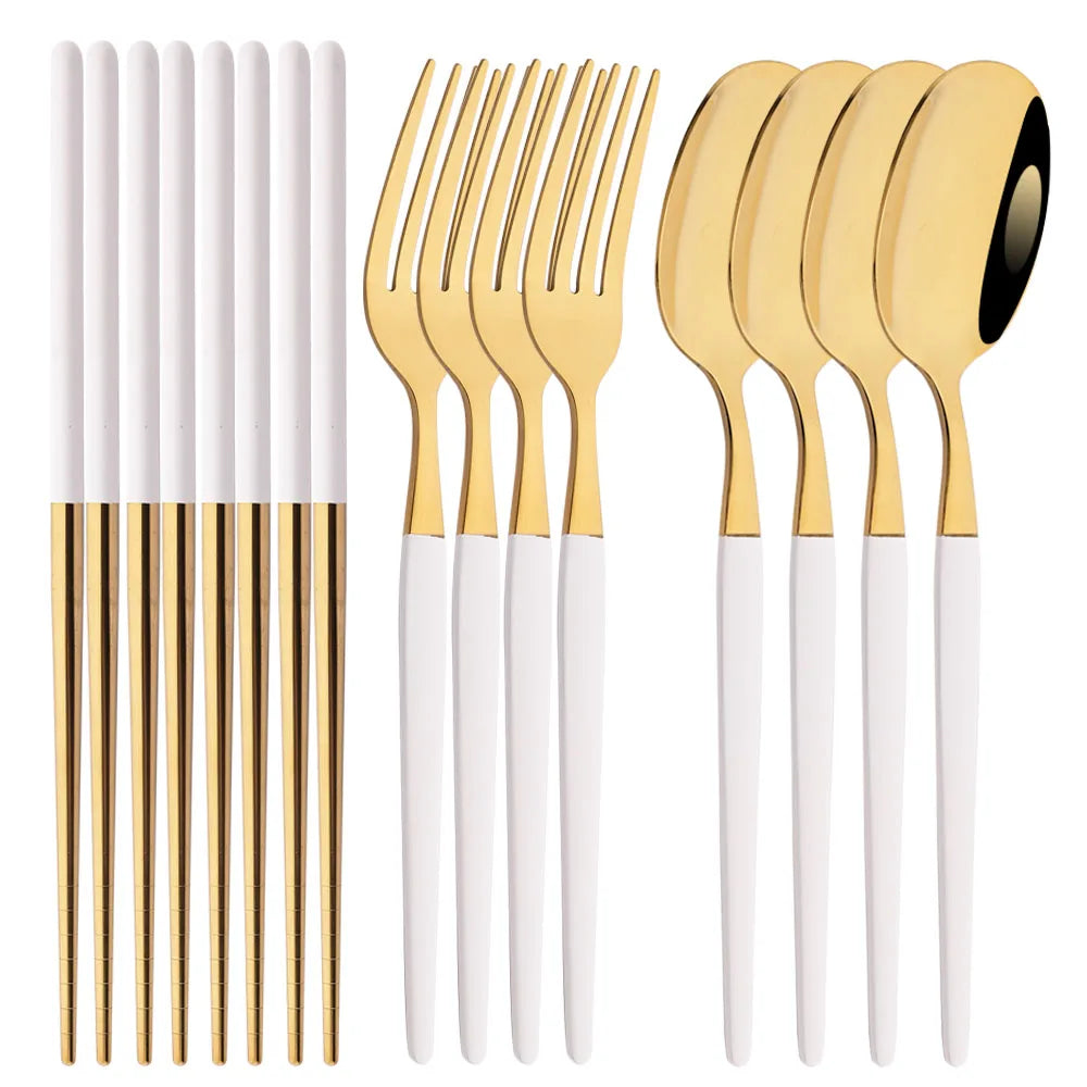 Golden Korean Tableware Set 12Pcs Luxury Mirror Flatware Cutlery Set Stainless Steel Dinnerware Fork Spoon Chopsticks Set