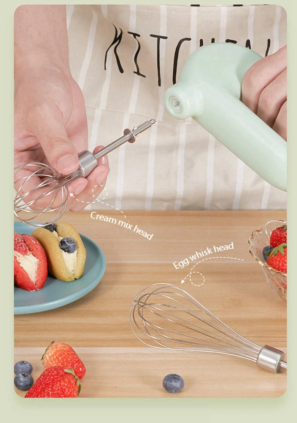 Portable Mixers with 2 Mixing Head USB Electric Blender Wireless Food Mixer Handheld Rechargeable Whisks Dough Stirrer Eggbeater