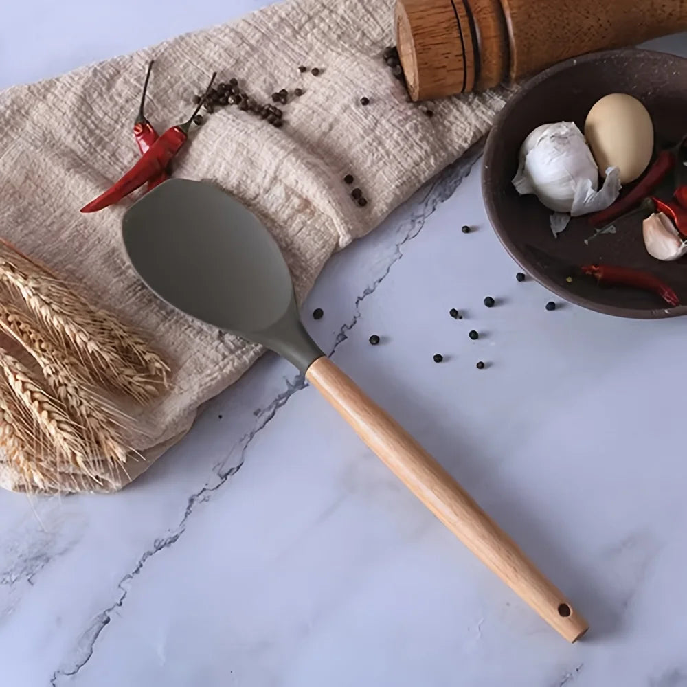 2pcs Silicone Spatula Spoons with Wooden Handle -Non-Stick Kitchen Utensils for Cooking, Rice, and More | Ergonomic | Durable