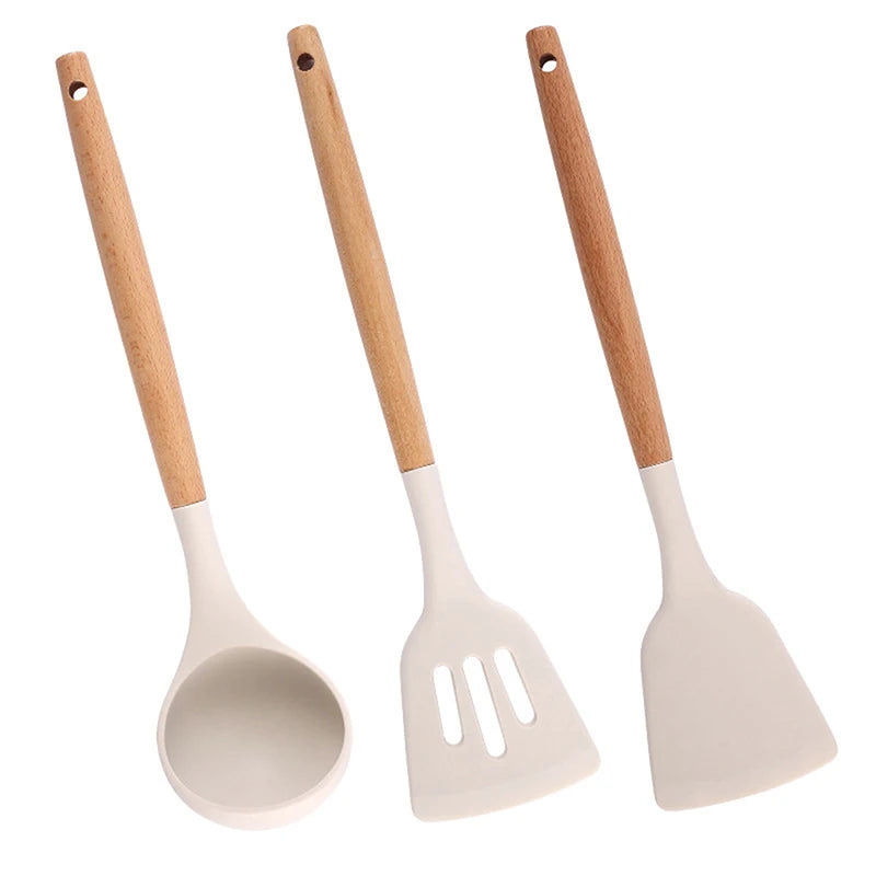 ♥Silicone Kitchen Utensil Set with Wooden Handles - Heat Resistant Spatula and Ladle for Nonstick Cookware