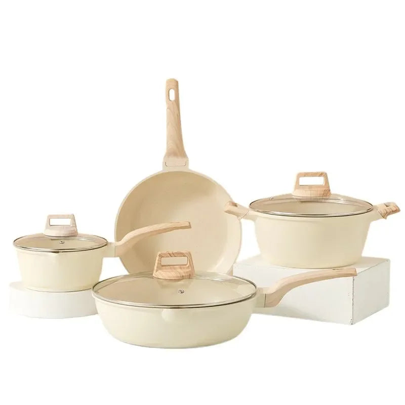 Non-Stick Frying Pan Set Maifan Stone Kitchen Soup Pot Milk Pan with Wooden Handle Pot Cookware Set Cooking Utensils for Kitchen