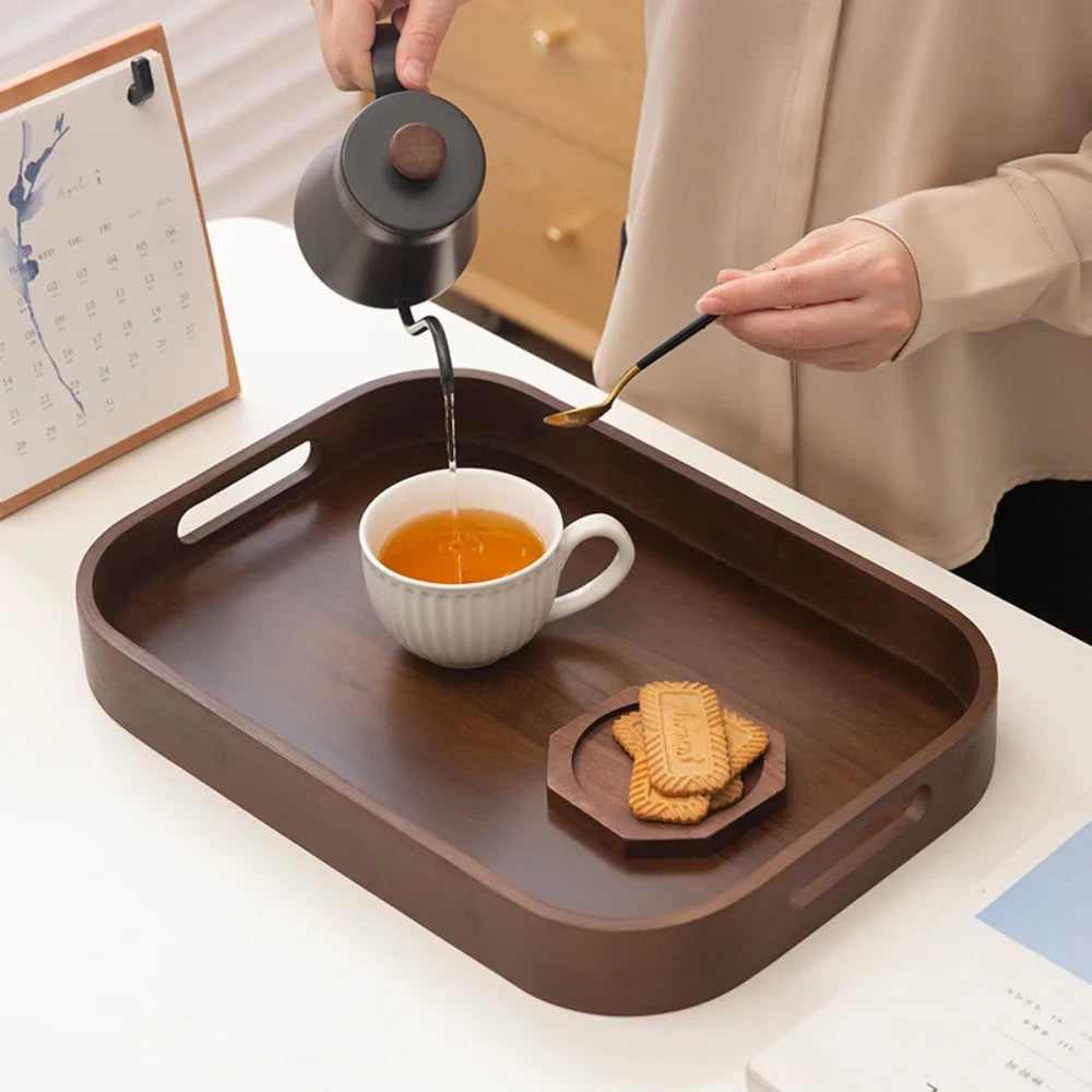 Simple Rectangular Walnut Tea Tray Hollowed-out Handle Polished Breakfast Serving Tray Vintage Tea Serving Plate Coffee Shop