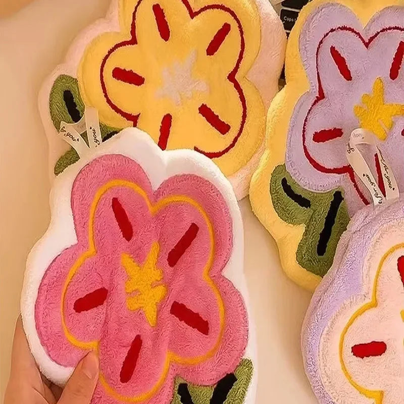 1pc New Flower Shape Hand Towel Super Absorbent Cleaning Cloth Bathroom Kitchen Hanging Hand Wipe Thicken Handkerchief Dishcloth