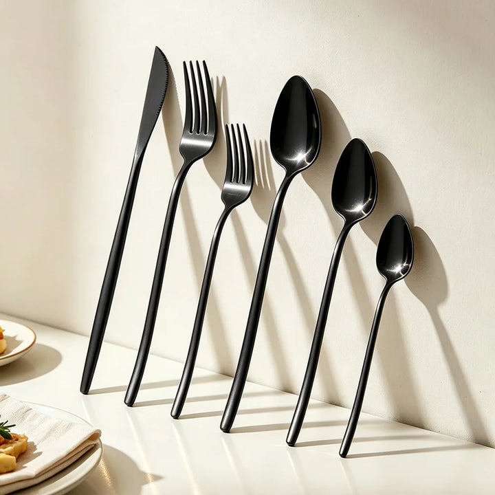 6Pcs Stainless Steel Dinnerware Set Black Cutlery Spoon Fork Knife Western Cutleri Silverware Flatware Tableware Supplies