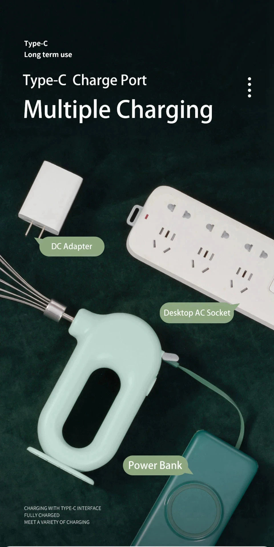 Portable Mixers with 2 Mixing Head USB Electric Blender Wireless Food Mixer Handheld Rechargeable Whisks Dough Stirrer Eggbeater