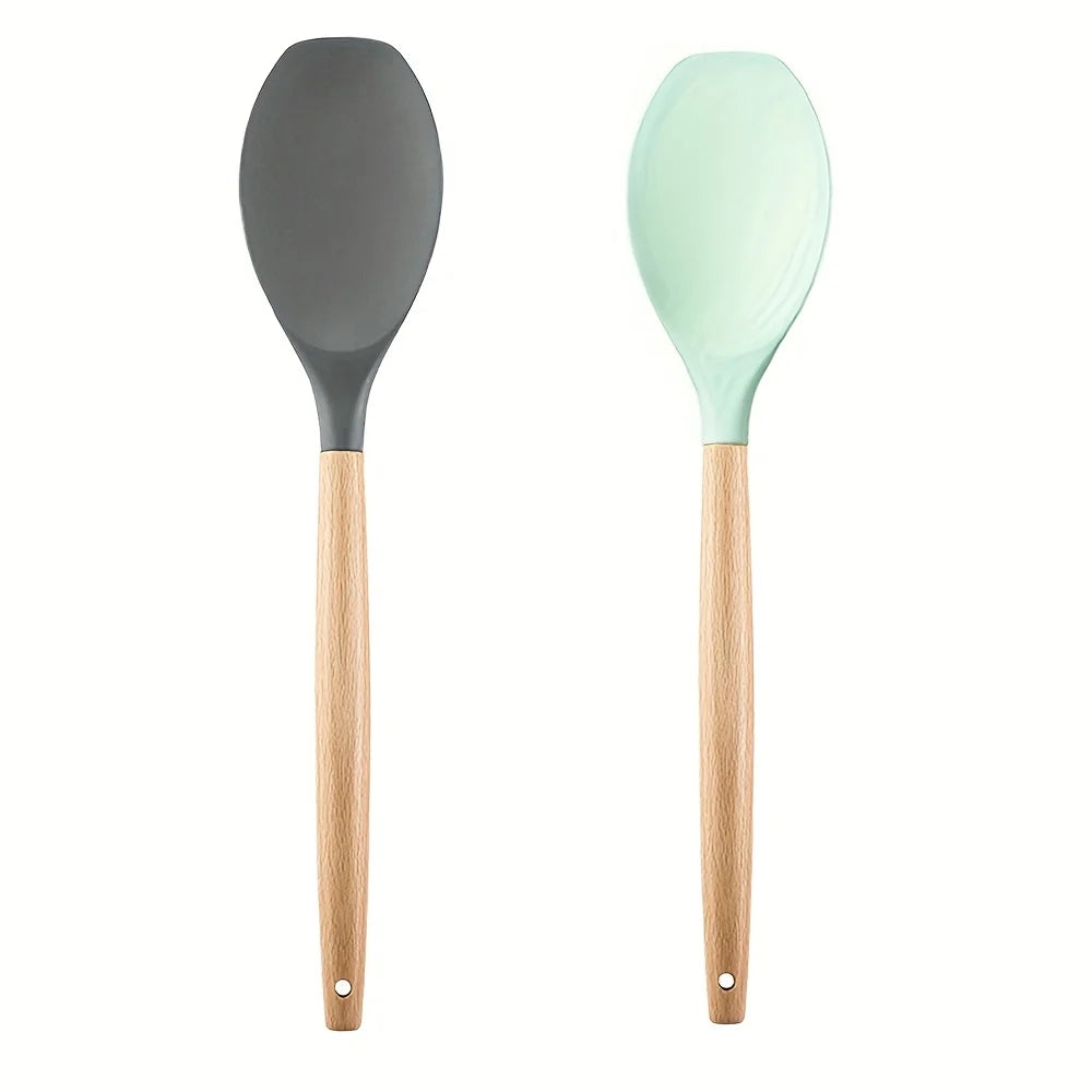 2pcs Silicone Spatula Spoons with Wooden Handle -Non-Stick Kitchen Utensils for Cooking, Rice, and More | Ergonomic | Durable