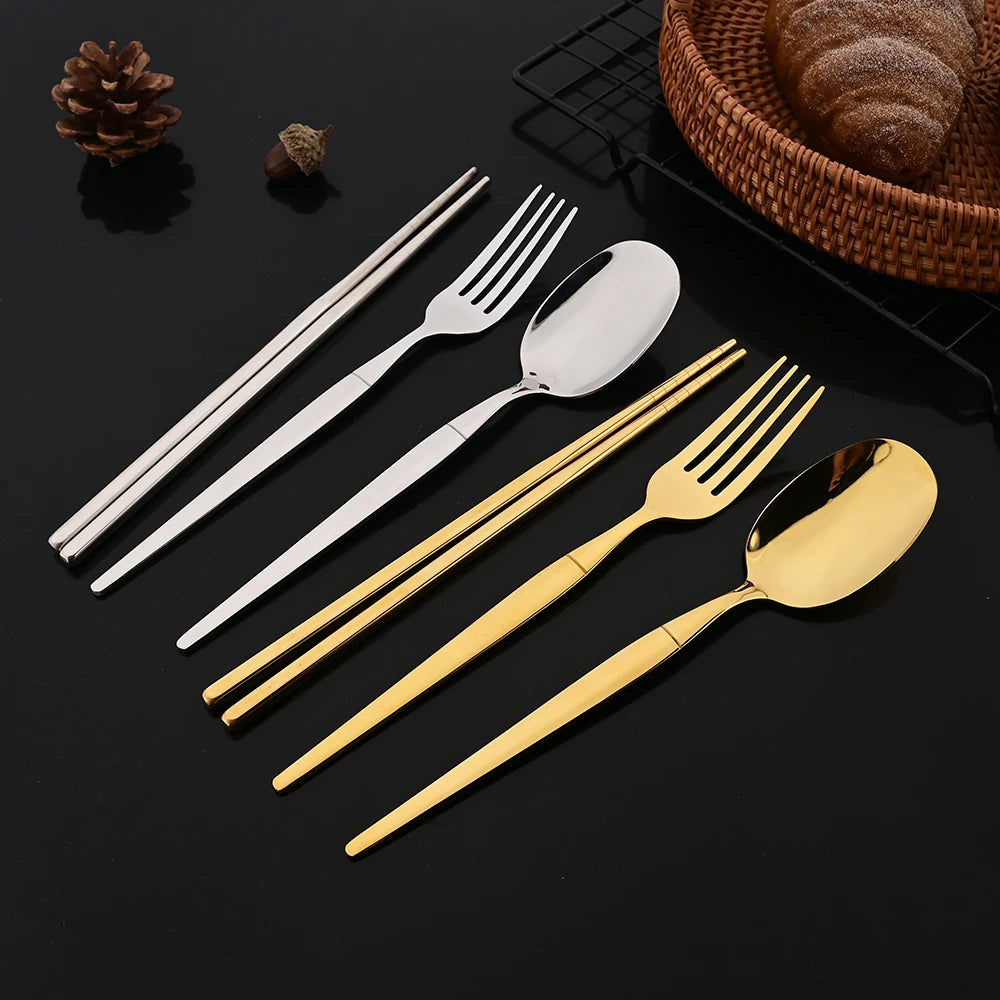 Golden Korean Tableware Set 12Pcs Luxury Mirror Flatware Cutlery Set Stainless Steel Dinnerware Fork Spoon Chopsticks Set
