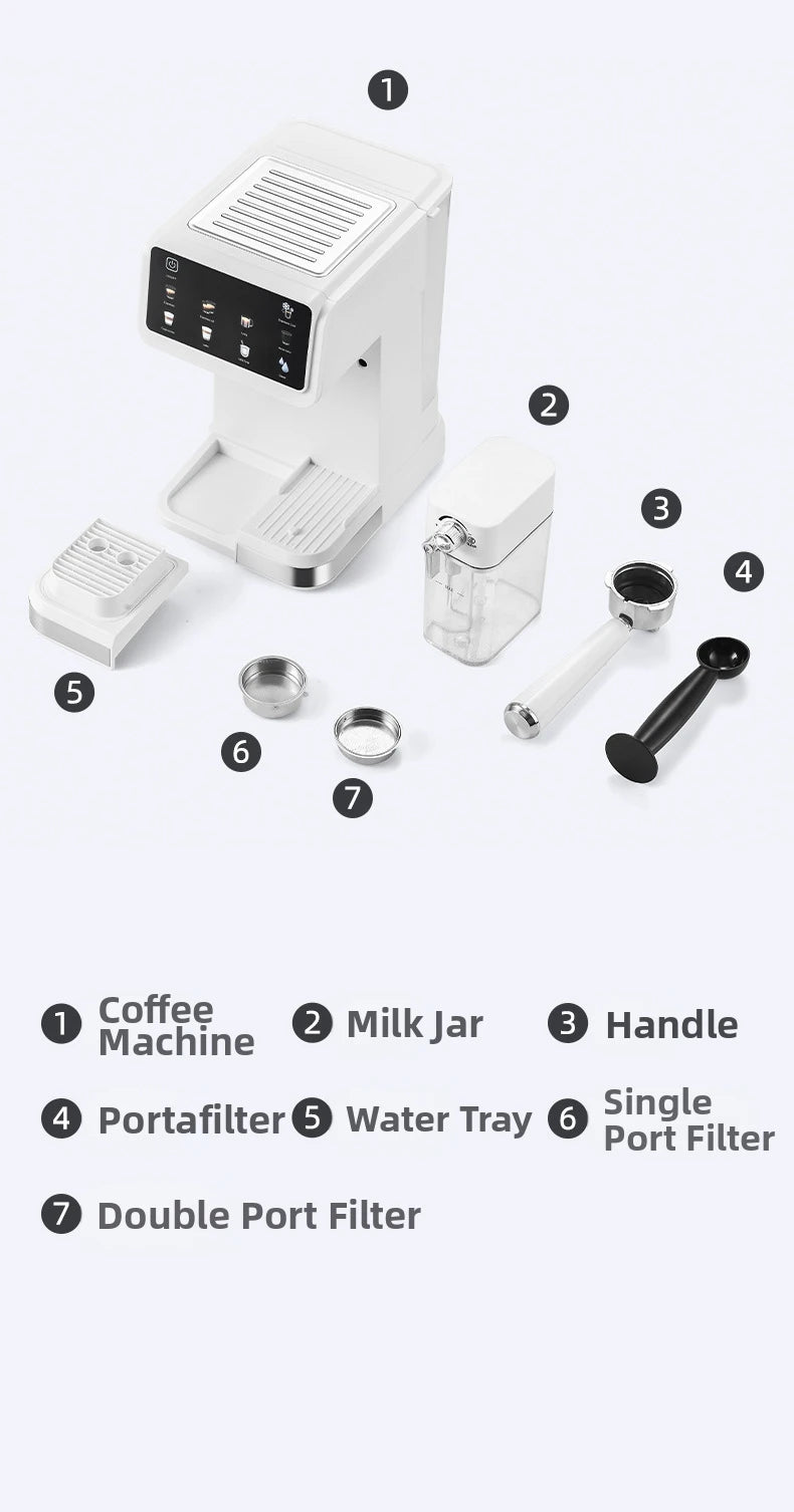 220V Touch Screen Coffee Machine for Home 20Bar Espresso Maker with Milk Frother Automatic Coffee Brewer Energy Saving