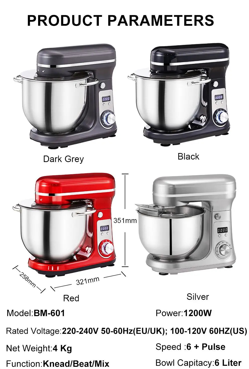 BioloMix 1200W Kitchen Stand Mixer with 6L Capacity Quiet DC Motor 6-Speed Functions for Blending Whisking And Kneading