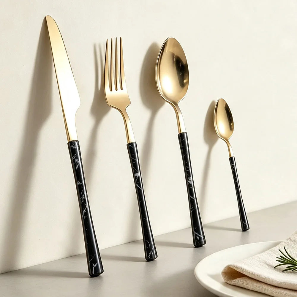 4Pcs Dinnerware Sets Stainless Steel Flatware Imitation Wooden Handle Cutlery Clamp Western Tableware Knife Fork Tea Spoon
