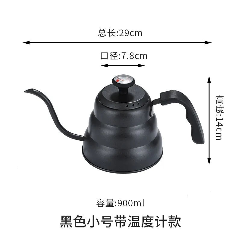 Black Goose Beak Kettle 1.0L Stainless Steel Coffee Pot with Gooseneck Thin Mouth Thermometer for Espresso Coffee Making